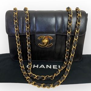 Chanel Vertical Flap Quilted Jumbo Black Lambskin Leather Bag Vintage RARE
